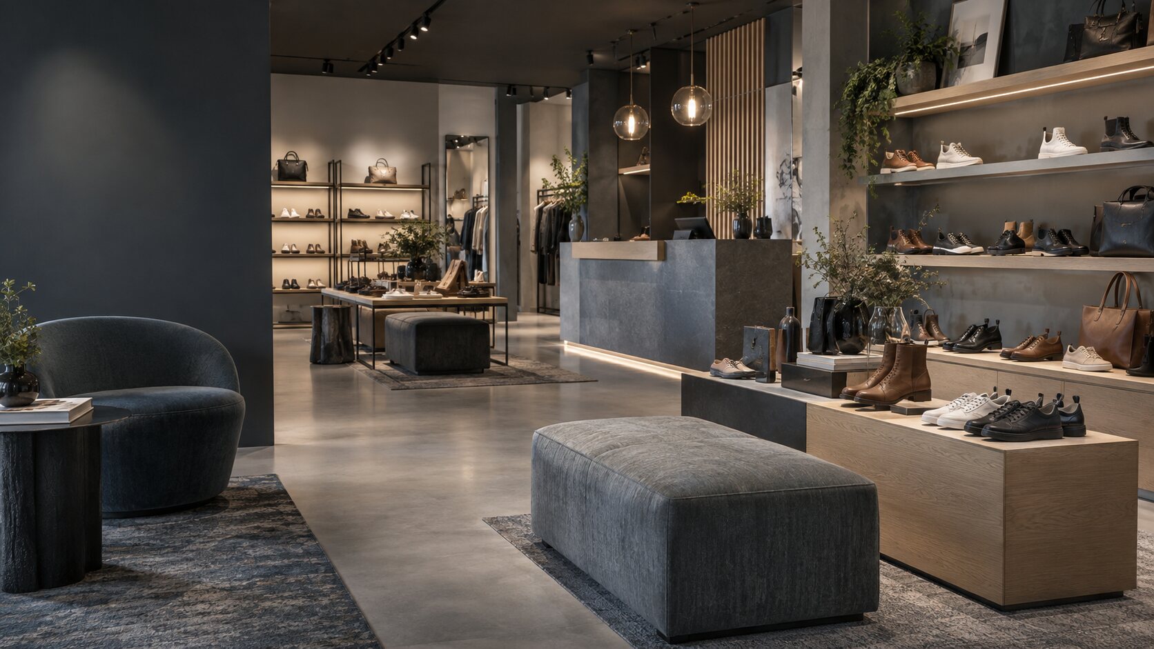 Intérieur moderne d’une boutique de chaussures et accessoires
